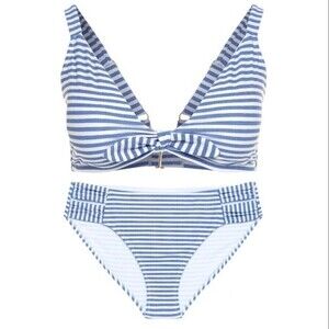 Women's Plus Size Cutout Side Bikini Top & Bottoms Blue Stripe.